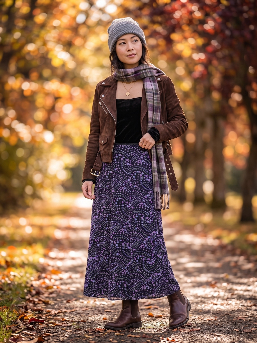 JM Collection Petite Whimsigoth Boho Purple Geometric Dot Midi Maxi Skirt Flowy